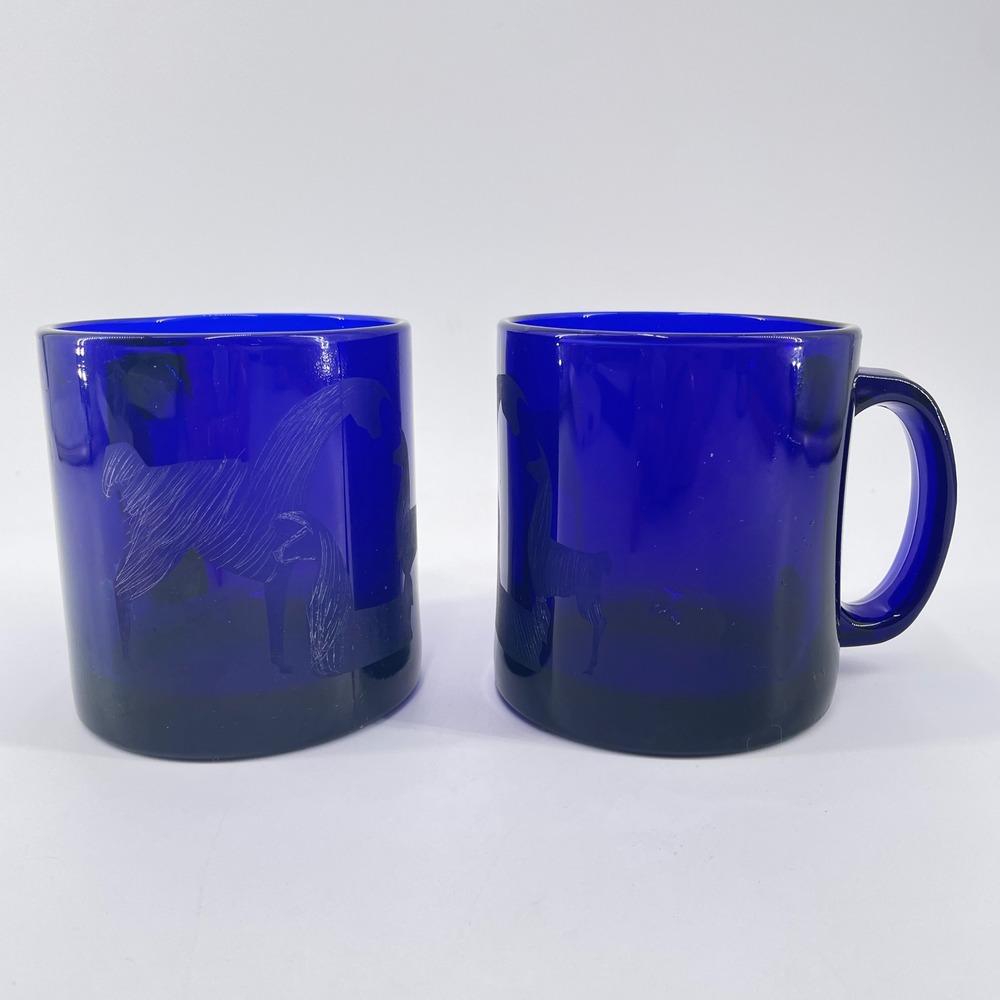 Cobalt Blue Mugs Studio Glass Etched Alpaca Signed Baes Limited 002/97 Set 2